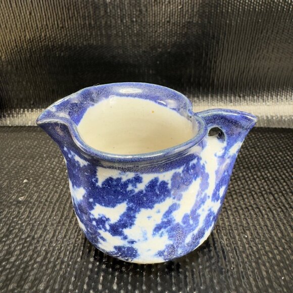 Vintage Miniature Cobalt Blue White Spongeware Pottery Stoneware Hanging Pitcher - Picture 1 of 11